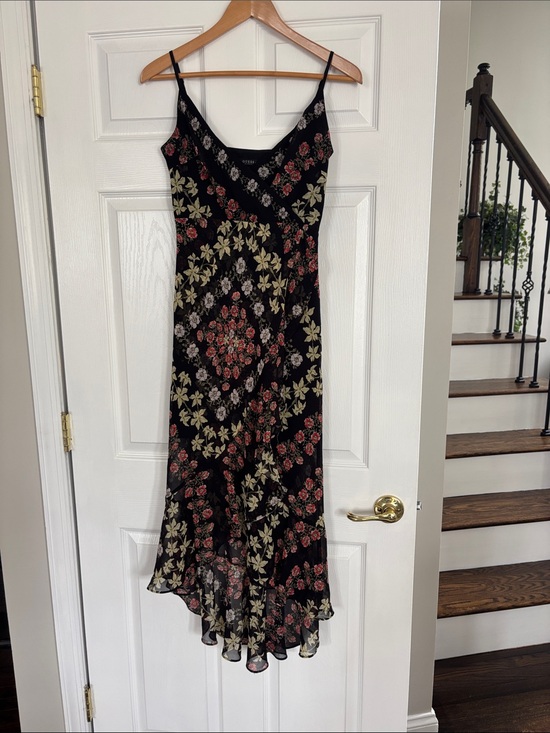 Guess Dresses & Skirts - Guess Black Floral Asymmetrical Slip Dress with Red and Cream Blooms